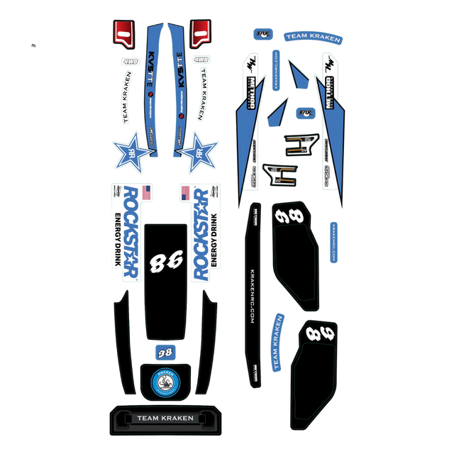A set of blue, white, and black vinyl decals and stickers