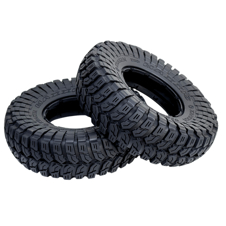 Two black off-road tires with tread pattern on a white background