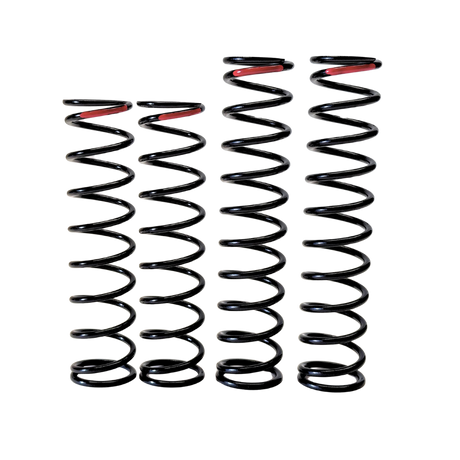 Four black coil springs with red accents on a white background