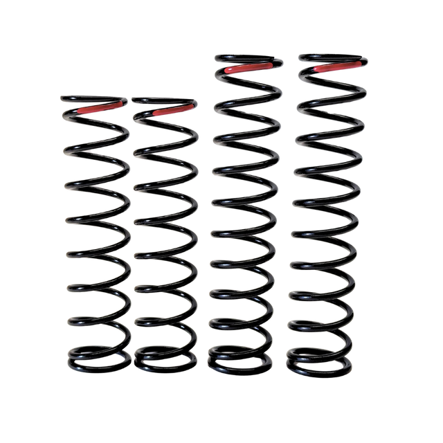 Four black coil springs with red accents on a white background