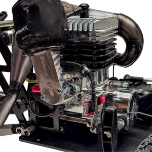 Close-up of a mechanical engine with visible branding on a white background