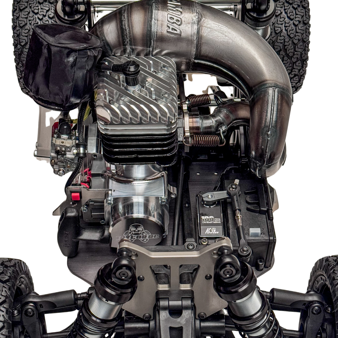 Close-up of a detailed engine with visible branding on a white background