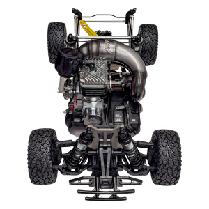 Engine and chassis of a remote-controlled car on a white background