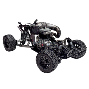 Model car chassis with engine on a white background