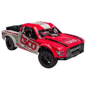 Red and gray off-road truck with visible branding on a white background