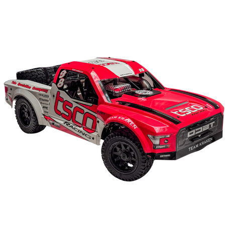 Red and gray off-road truck with visible branding on a white background