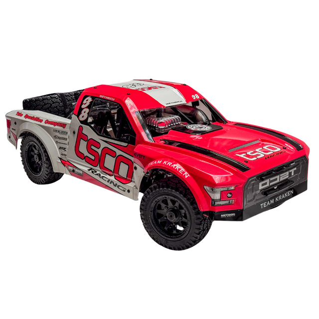Red and gray off-road truck with visible branding on a white background