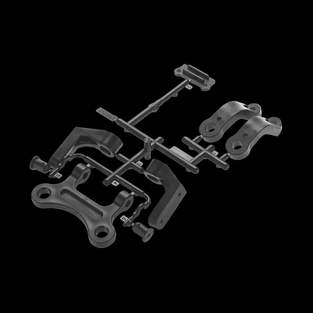 Black metal mechanical components on a white background