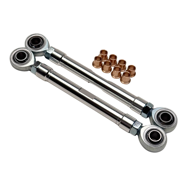 Set of metal rod ends with bushings on a white background