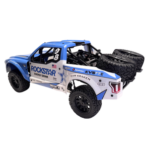 Model off-road truck with sponsor logos on a white background