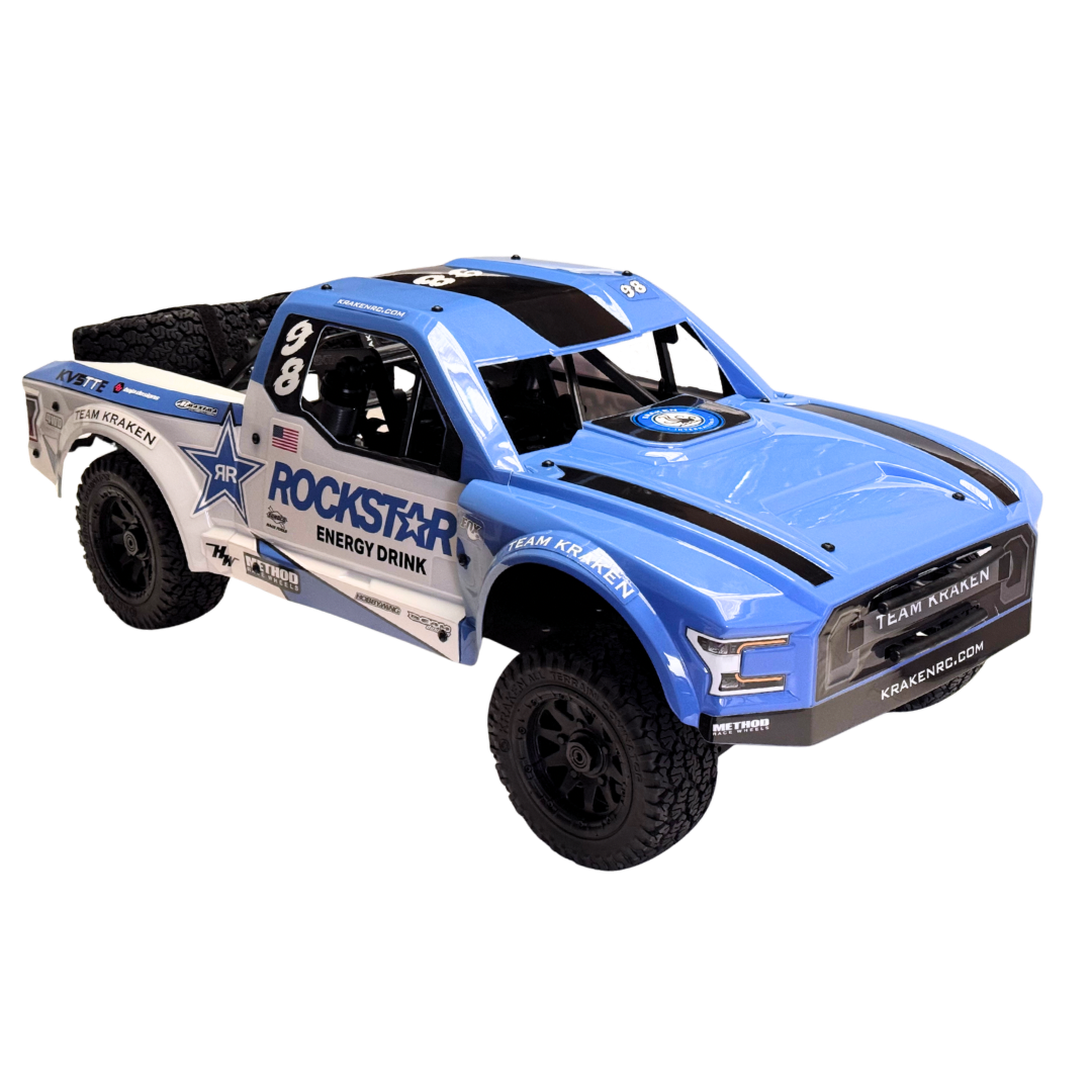 Blue off-road truck with Rockstar Energy Drink branding on a white background