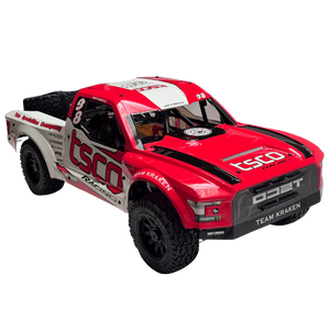 Red and white model truck with visible branding on a white background
