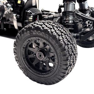 Close-up of a Kraken all-terrain tire on a white background