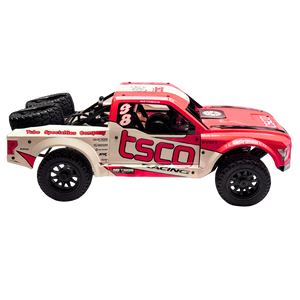 Red and white off-road model truck with 'tsco' branding on a white background