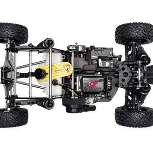 Close-up of a mechanical vehicle chassis with visible branding on a white background