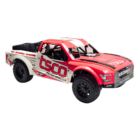 Red and white off-road model truck with 'tsco' branding on a white background