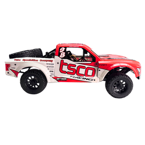 Red and white model truck with 'tsco' branding on a white background