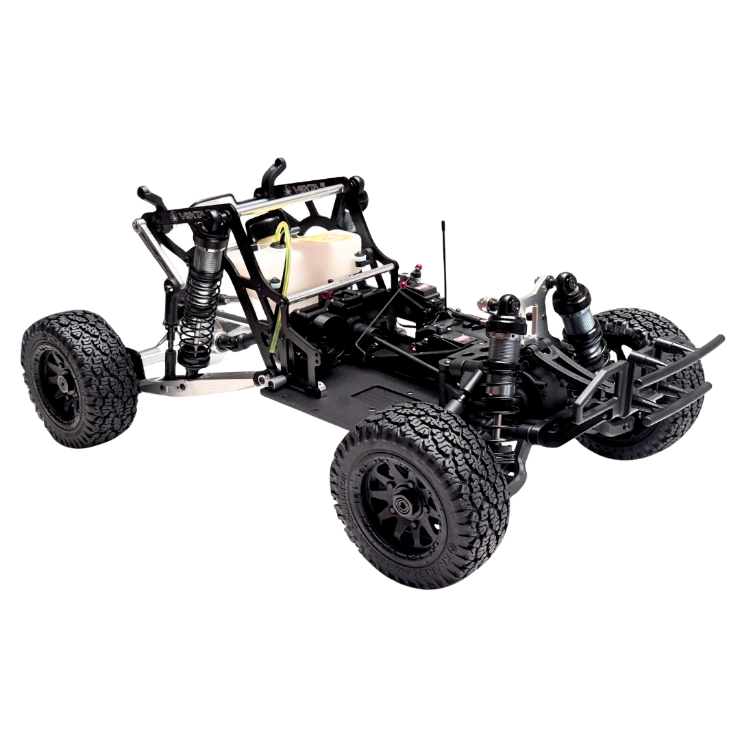 Black off-road vehicle chassis on a white background