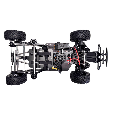 Black off-road vehicle chassis with suspension and tires on a white background