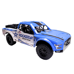 Blue and white off-road truck with Rockstar Energy Drink branding on a white background