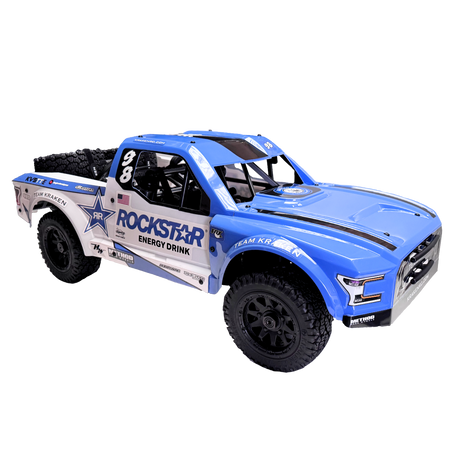 Blue and white off-road truck with Rockstar Energy Drink branding on a white background