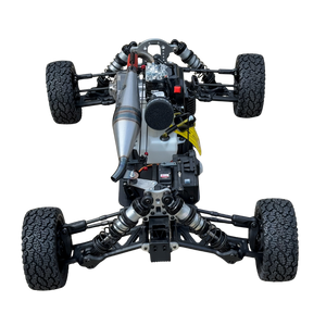 Top view of a remote control car chassis on a white background