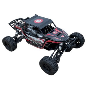 Black and red off-road RC car on a white background