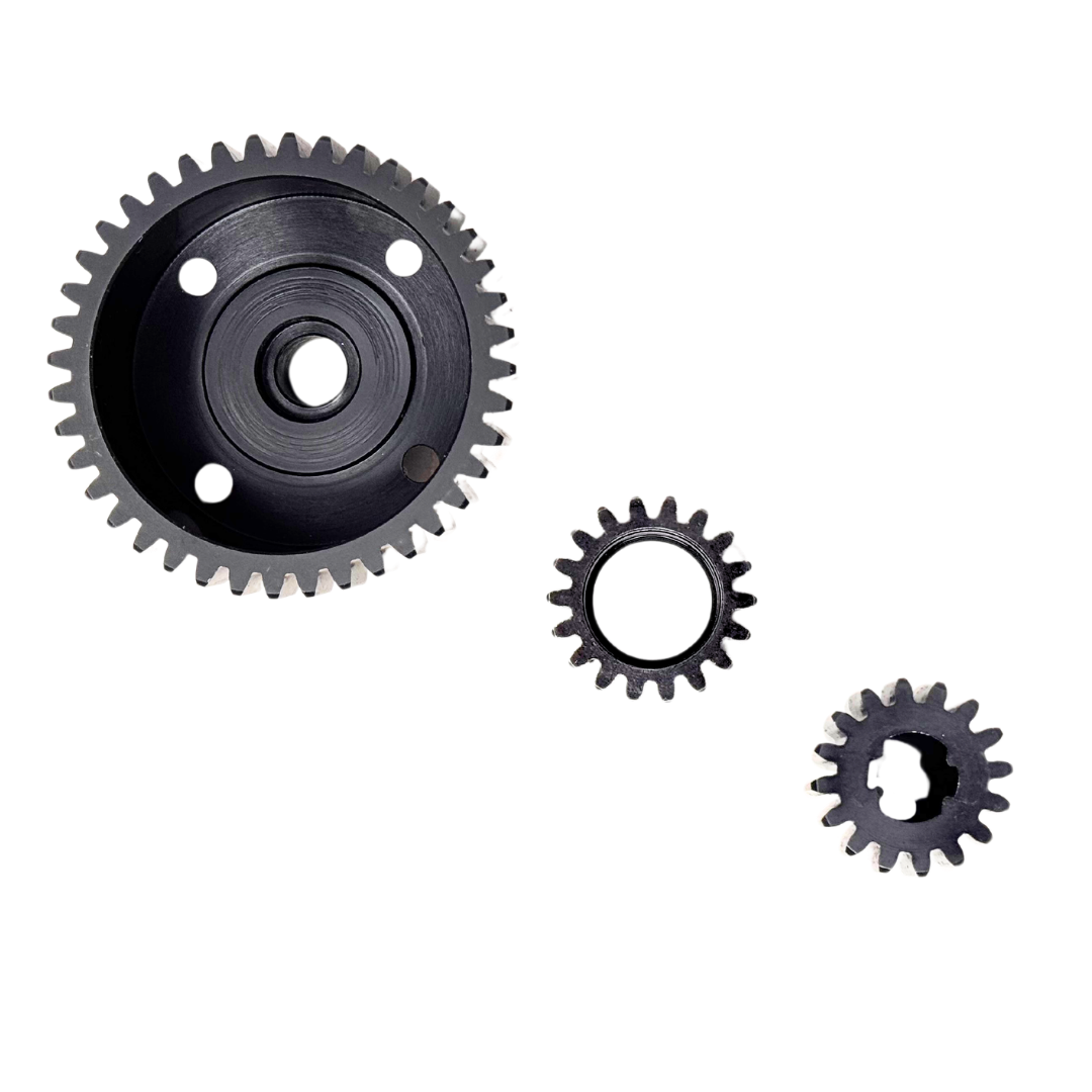 Three metal gears of different sizes on a white background