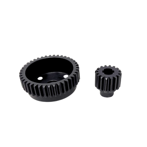 Two black metal gears on a white background
