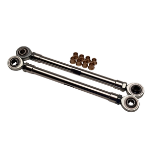 Two metal rod assemblies with spherical bearings on a white background