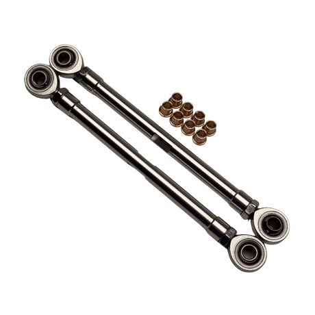 Set of metal control arms with bushings on a white background