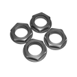 Four black hex nuts on a white background