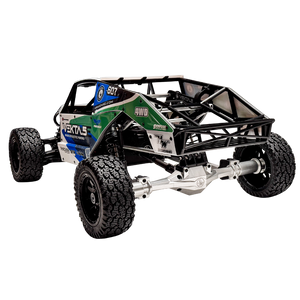 Model off-road vehicle chassis with visible branding on a white background