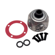 Mechanical parts including a metal component, red gasket, black washers, and screws on a white background