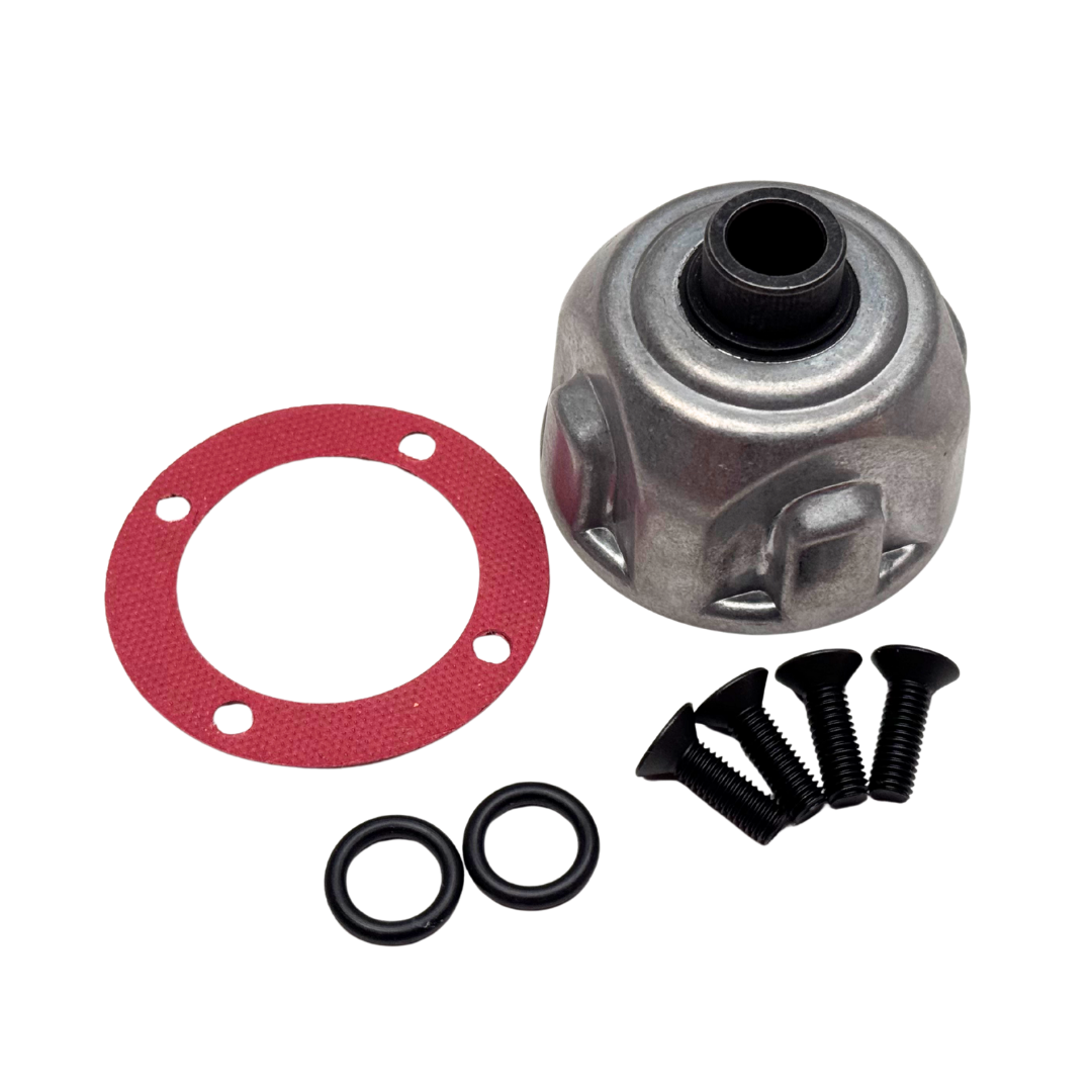Mechanical parts including a metal component, red gasket, black washers, and screws on a white background