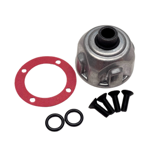 Mechanical parts including a metal component, red gasket, black washers, and screws on a white background