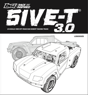 Black and white line art illustration of a 1/5 scale off-road racing truck, labeled '5IVE-T 3.0', with the 'Lost Race Inspired' logo at the top.