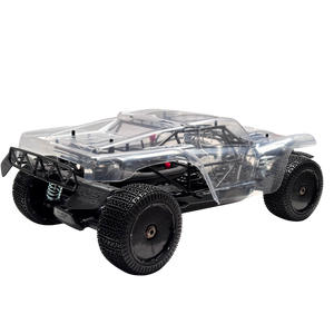 Clear remote control car chassis on a white background