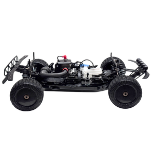 Black off-road RC car chassis on a white background