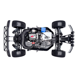 Top-down view of a model car chassis with visible engine and components on a white background
