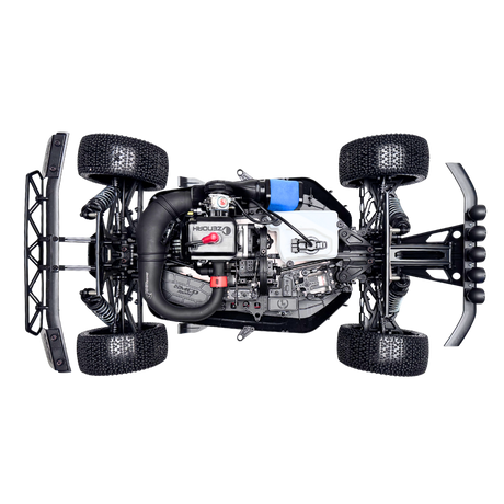 Top-down view of a model car chassis with visible engine and components on a white background