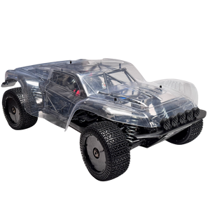 Clear off-road RC car with black tires on a white background