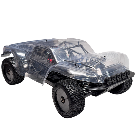 Clear off-road RC car with black tires on a white background