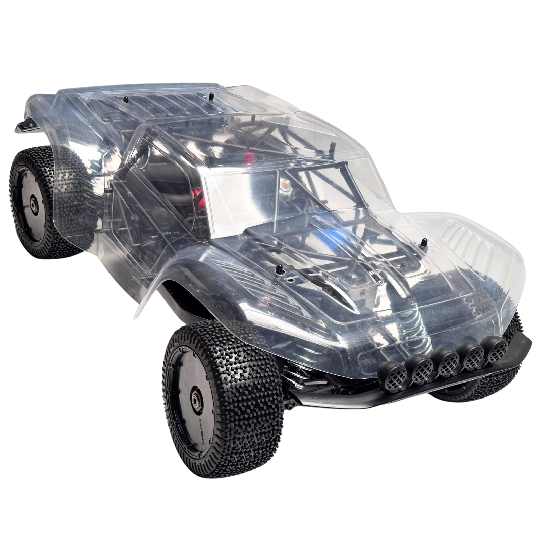 Clear body shell of a model car on a white background