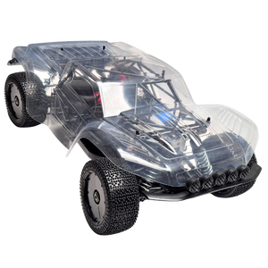 Clear body shell of a model car on a white background