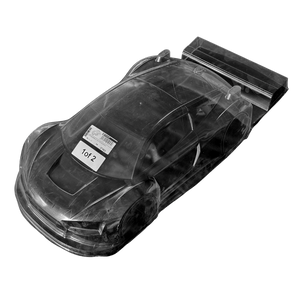 Clear plastic model car with a label on a white background