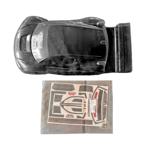 Clear plastic car model with a set of decals on a white background