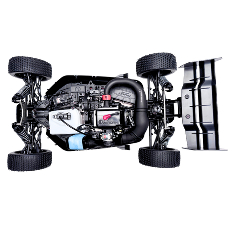 Model of a car chassis with visible engine and components on a white background
