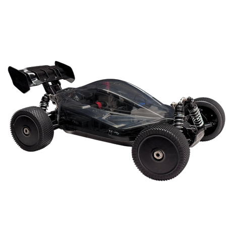 Black remote control car on a white background