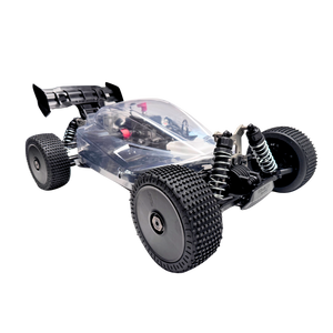 Clear body of a model car with black wheels on a white background